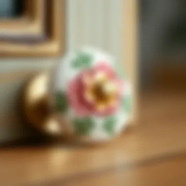 Close-up view of a hand-painted ceramic knob with floral patterns.