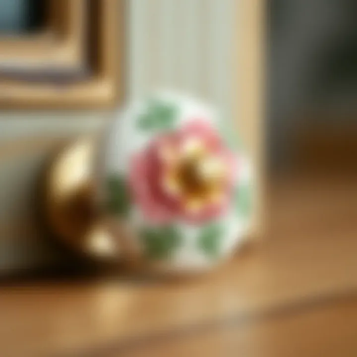 Close-up view of a hand-painted ceramic knob with floral patterns.