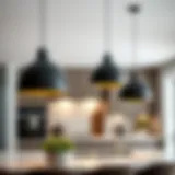 Sleek black LED pendant lights illuminating a modern kitchen space