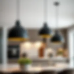 Sleek black LED pendant lights illuminating a modern kitchen space