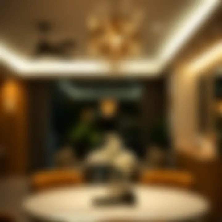 Ceiling bar lights illuminating a dining area with warm ambiance