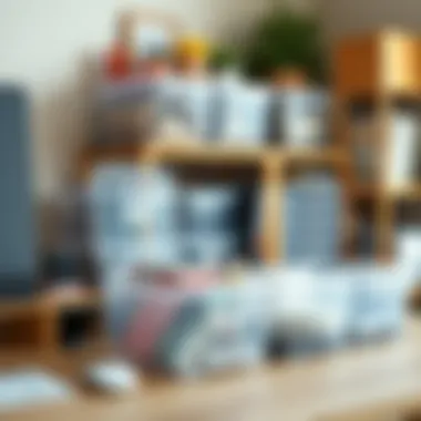Organized workspace with clear plastic boxes featuring dividers