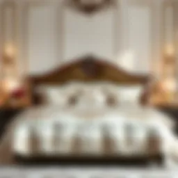 Luxurious queen bed adorned with an elegant duvet comforter set featuring intricate patterns.