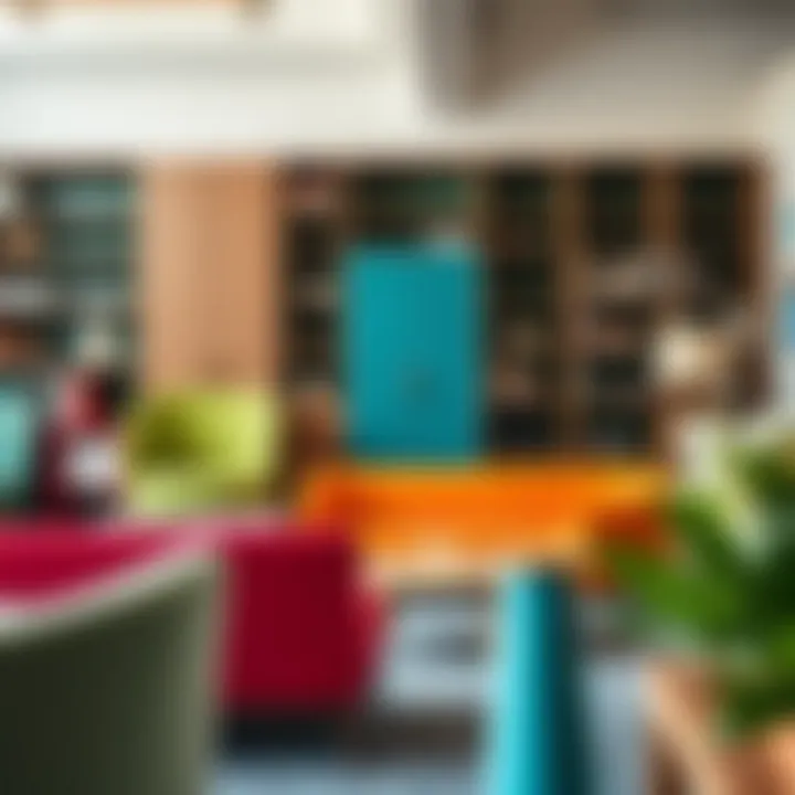 Colorful office furniture selection emphasizing materials and styles