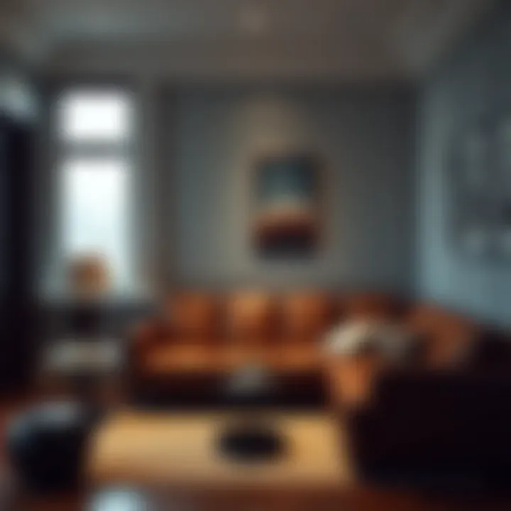 Inviting Space: Brown Pleather Couch in a Reading Nook Cozy reading nook featuring a brown pleather couch and ambient lighting