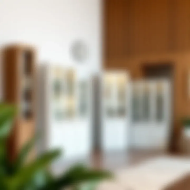 Various styles of tall cabinets with glass doors in a modern setting