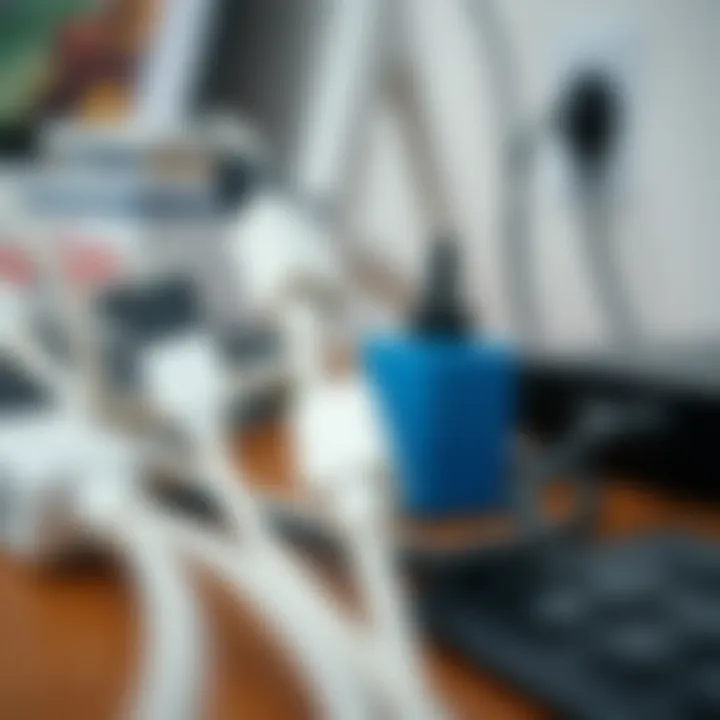 A close-up of various cable management tools and accessories