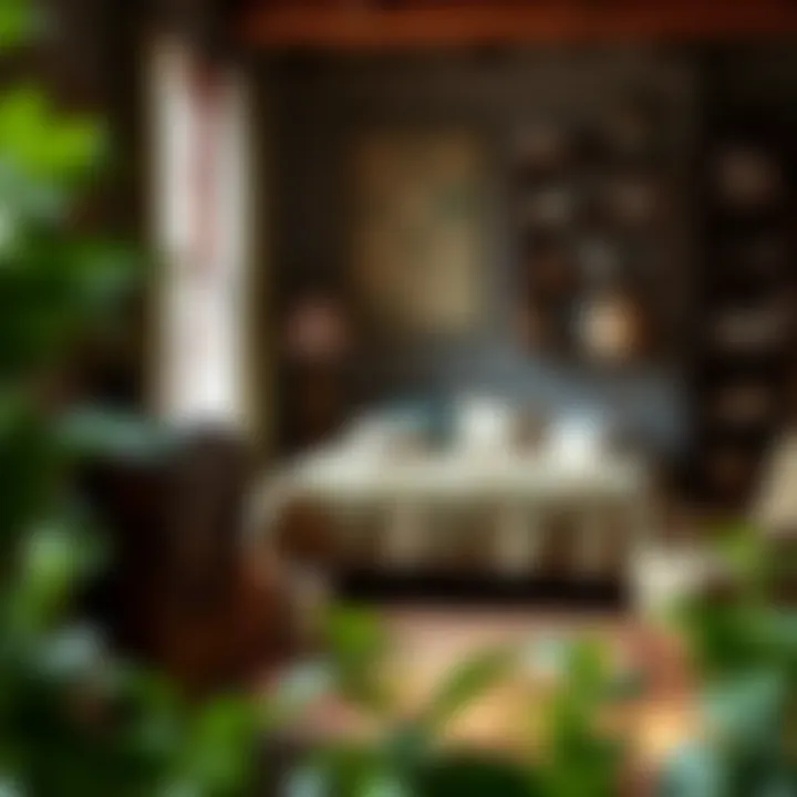 Rustic interior featuring a green print quilt as a focal point