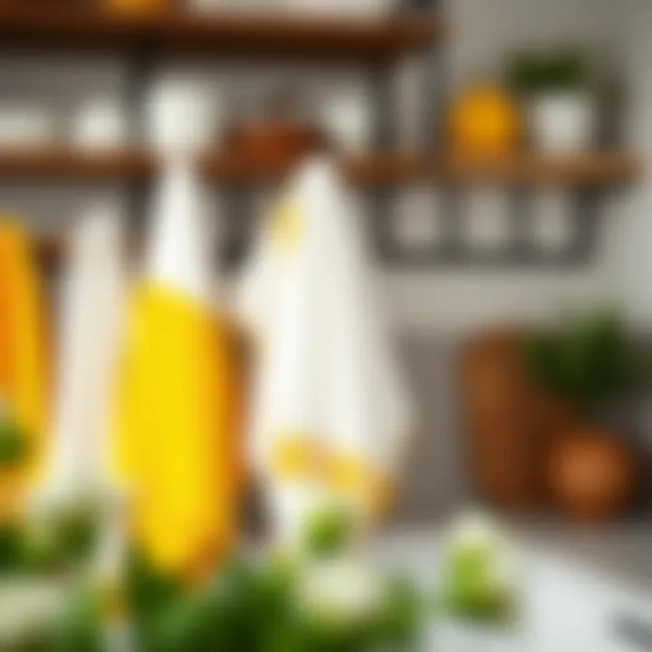 Creative display of yellow and white towels in a kitchen environment