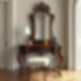 Elegant antique dressing table showcasing intricate carvings and a vintage mirror