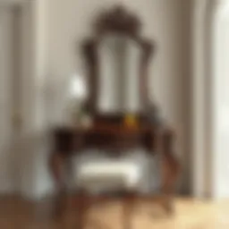 Elegant antique dressing table showcasing intricate carvings and a vintage mirror