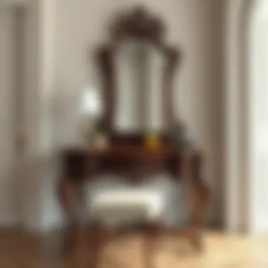 Elegant antique dressing table showcasing intricate carvings and a vintage mirror