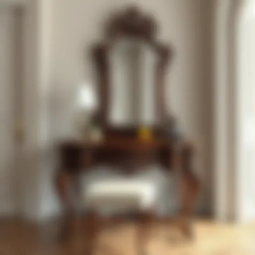 Elegant antique dressing table showcasing intricate carvings and a vintage mirror