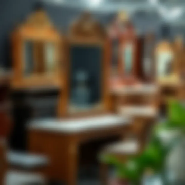 Various styles of antique dressing tables with mirrors displayed for sale