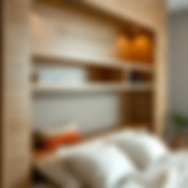 Close-up of materials used in a built-in headboard with shelves