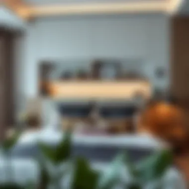 Modern bedroom featuring a dual-purpose headboard with integrated shelves