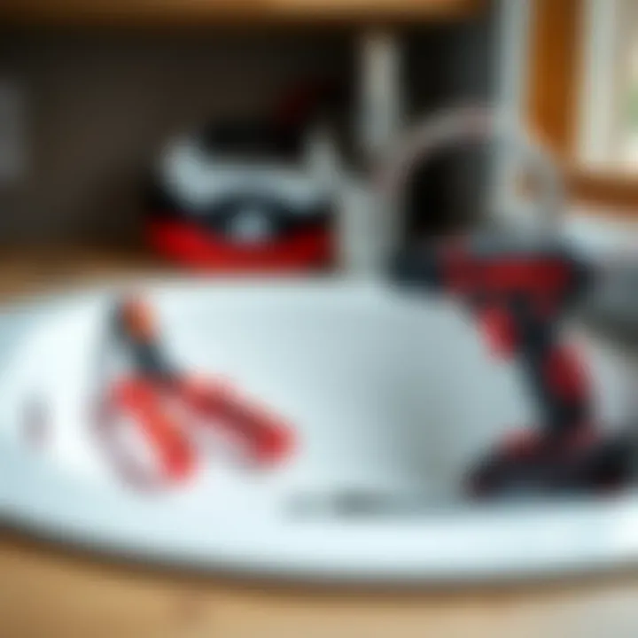 Detailed view of a drop-in sink's installation process with precision tools