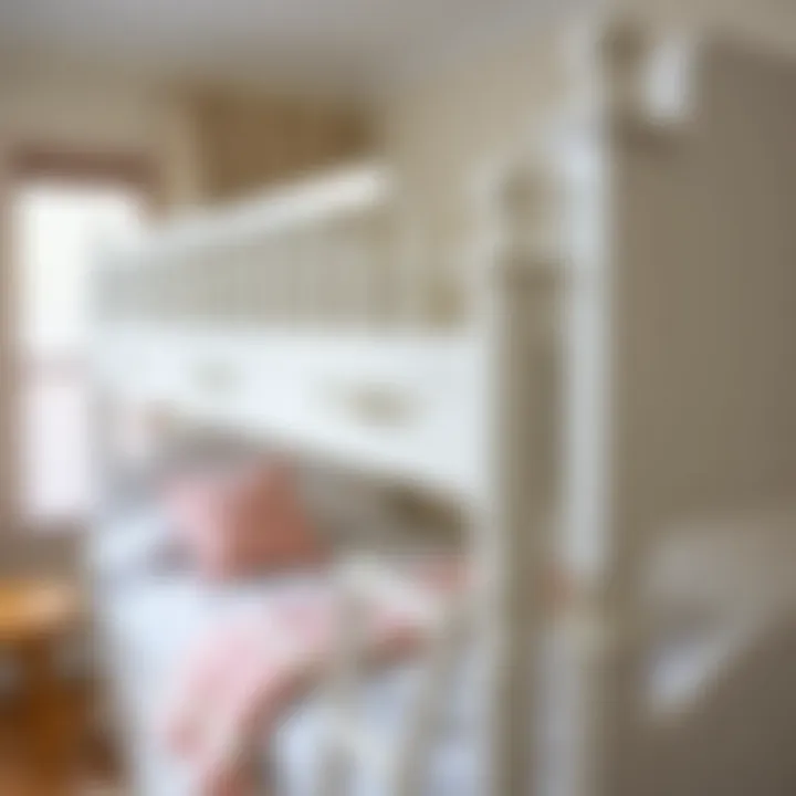 Intricate Craftsmanship of White Princess Bunk Bed Close-up of intricate details and craftsmanship of a white princess bunk bed