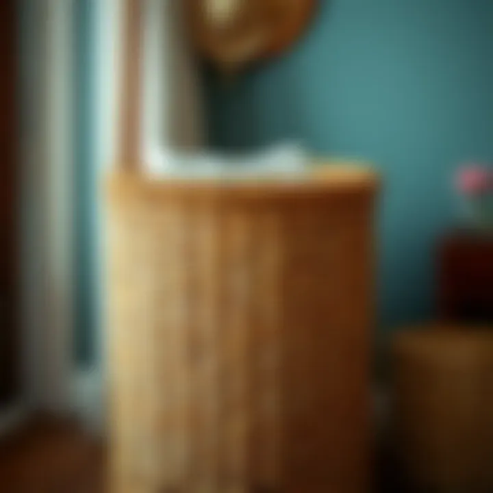 A stylish wicker laundry hamper showcasing its intricate weave