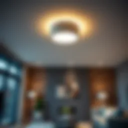 Modern ceiling fixture illuminating a contemporary living room