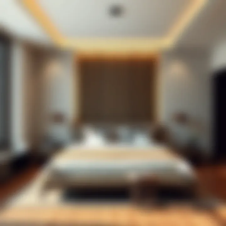 Contemporary bedroom design featuring a low profile king bed