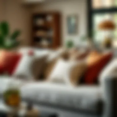 Cozy Pillow Arrangement on Sofa A cozy arrangement of decorative pillows on a modern sofa