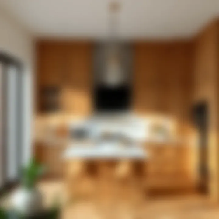 An elegant kitchen featuring a harmonious blend of natural wood cabinets and modern fixtures.