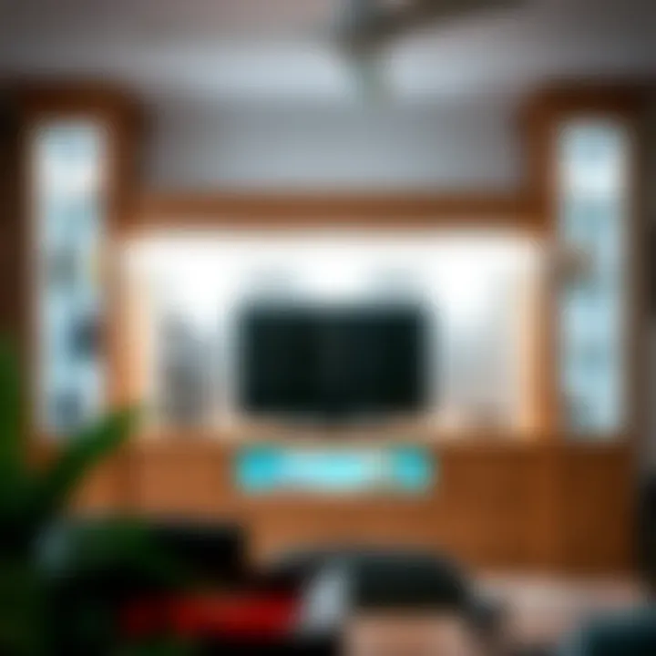 Stylish oak entertainment center showcasing integrated lighting and storage options