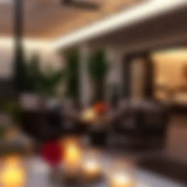 Elegant lounge area featuring rattan furniture and soft lighting