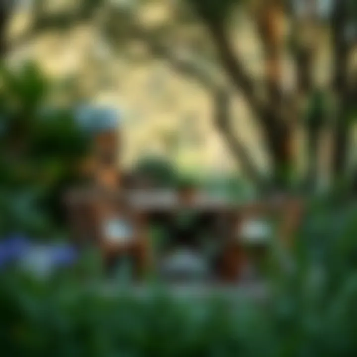 Sustainable wooden dining set surrounded by greenery