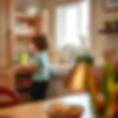 Children's Imaginative Play Experience Child engaged in imaginative play at a kitchen pantry