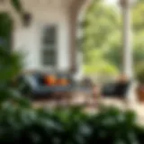 Stylish porch sofa set amidst lush greenery