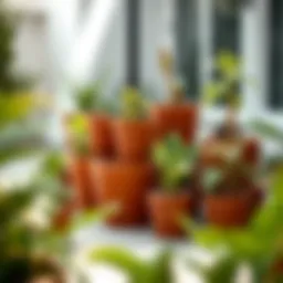 Elegant display of 12-inch nursery pots with drainage in a modern garden setting