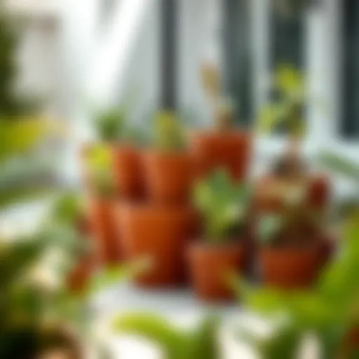 Elegant display of 12-inch nursery pots with drainage in a modern garden setting