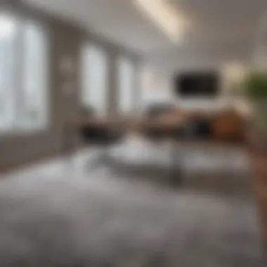 Contemporary office space utilizing an 8x10 solid color rug to enhance professionalism