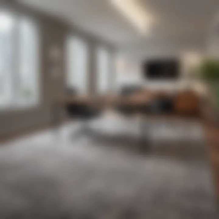 Contemporary office space utilizing an 8x10 solid color rug to enhance professionalism