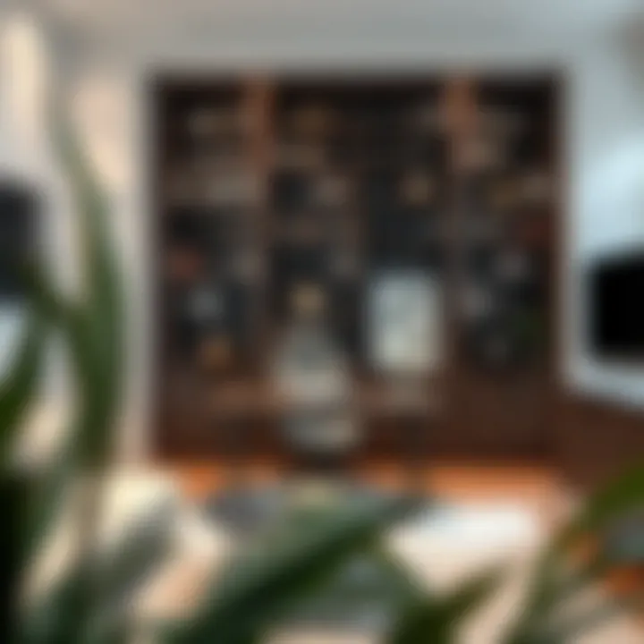 Elegant Home Office with Bookshelf An elegant home office with a tall dark brown bookshelf enhancing the workspace