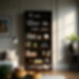 A stylish tall dark brown bookshelf showcasing stacked books and decorative items