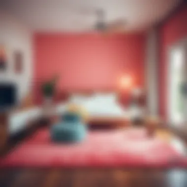 Pink Printed Rug in Minimalist Bedroom Decor Pink printed rug complementing a minimalist bedroom decor