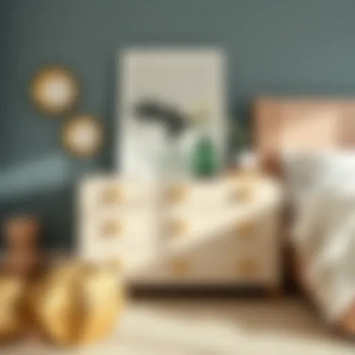 Modern Elegance: Dresser with Gold Knobs Elegant dresser featuring gold knobs in a modern bedroom setting