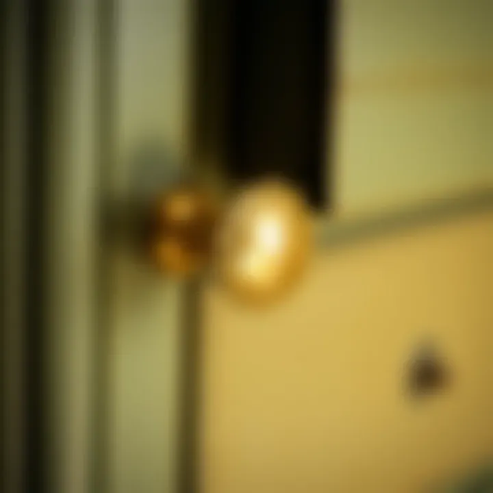 Timeless Charm: Vintage Dresser Gold Knob Detail Close-up of gold knob detailing on a vintage dresser