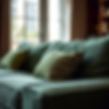Close-up of fabric texture on a used green sofa