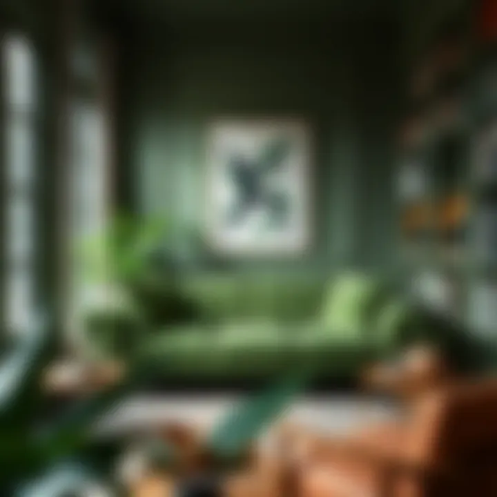 A cozy reading nook featuring a green sofa and books