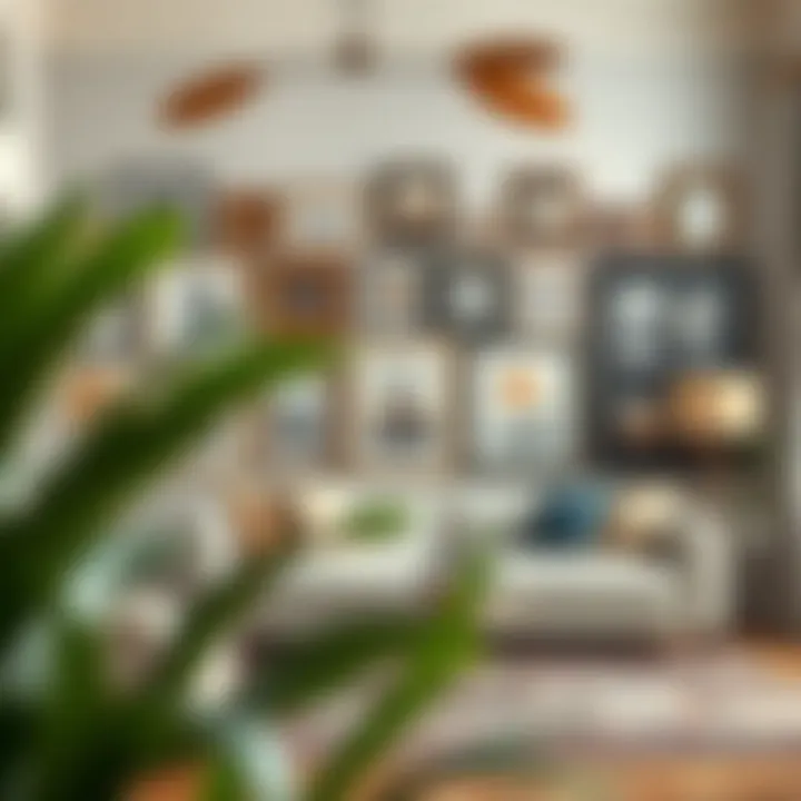 A well-decorated living room featuring a selection of picture frames in various styles.