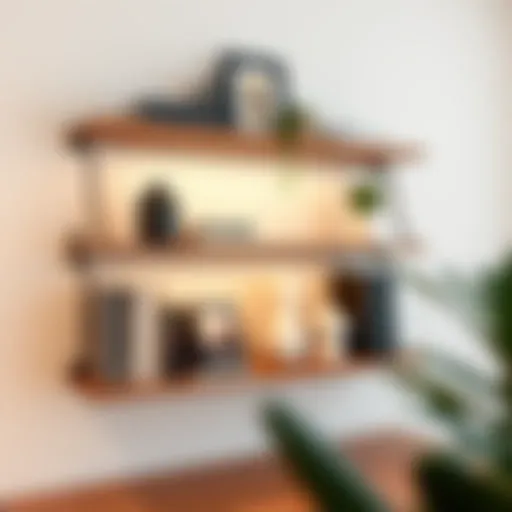 Contemporary hanging desk shelf showcasing books and decorative items