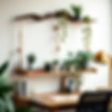 Rustic hanging desk shelf with plants and stationery
