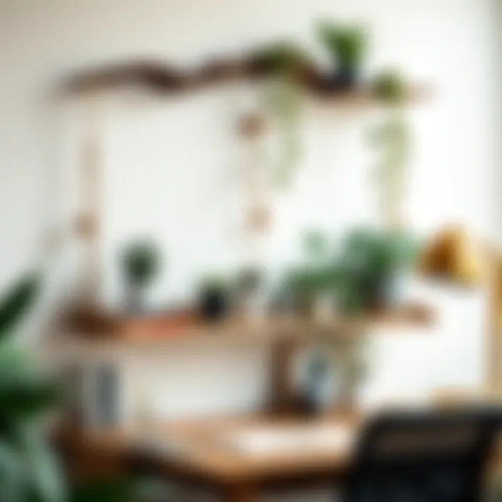 Rustic hanging desk shelf with plants and stationery