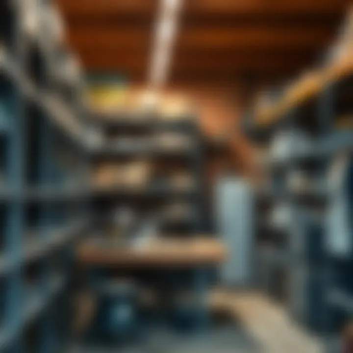 A well-organized workshop featuring various used metal shelving units.