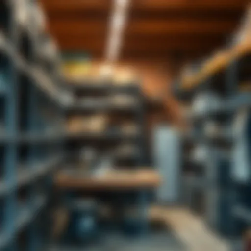 Workshop Organization with Metal Shelving A well-organized workshop featuring various used metal shelving units.