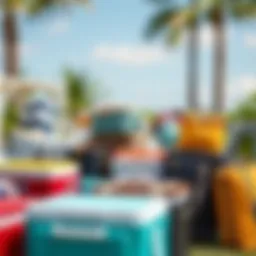 An array of colorful summer cooler bags displayed outdoors